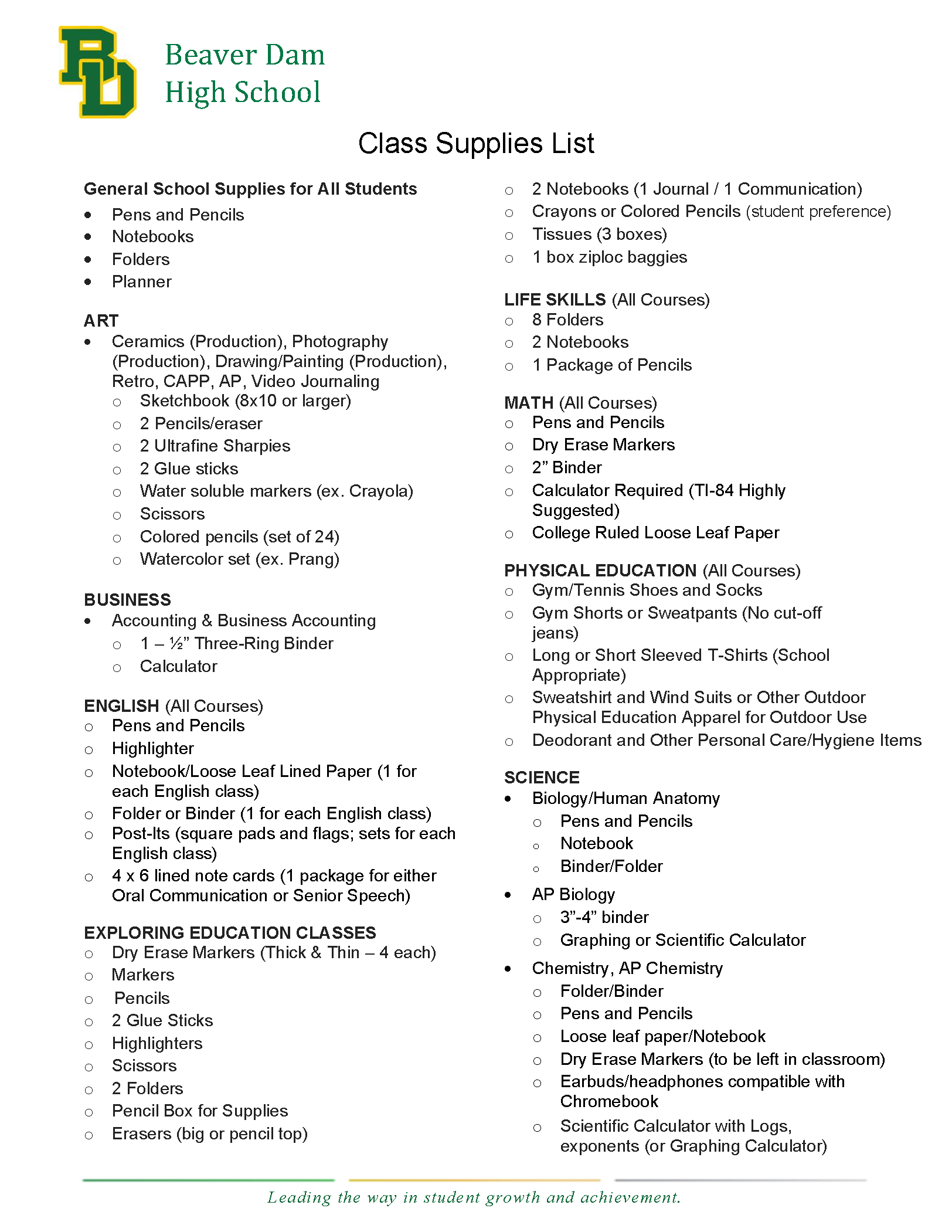 School Supplies List - Jefferson Middle