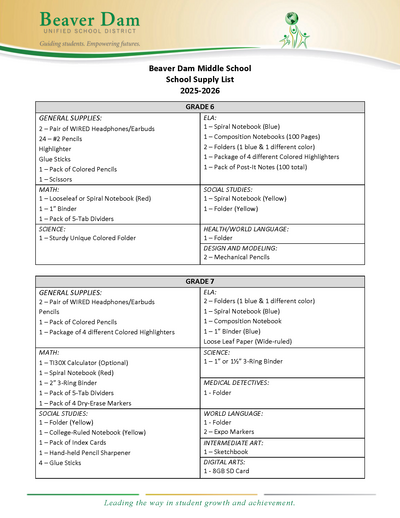 School Supply List