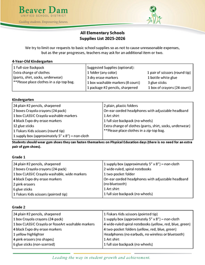 School Supply Lists